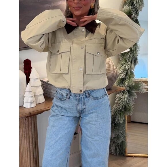 Womens Cropped Jacket Contrast Collar Utility Coat Cargo Jacket Barn Jacket Outw - Picture 5 of 6